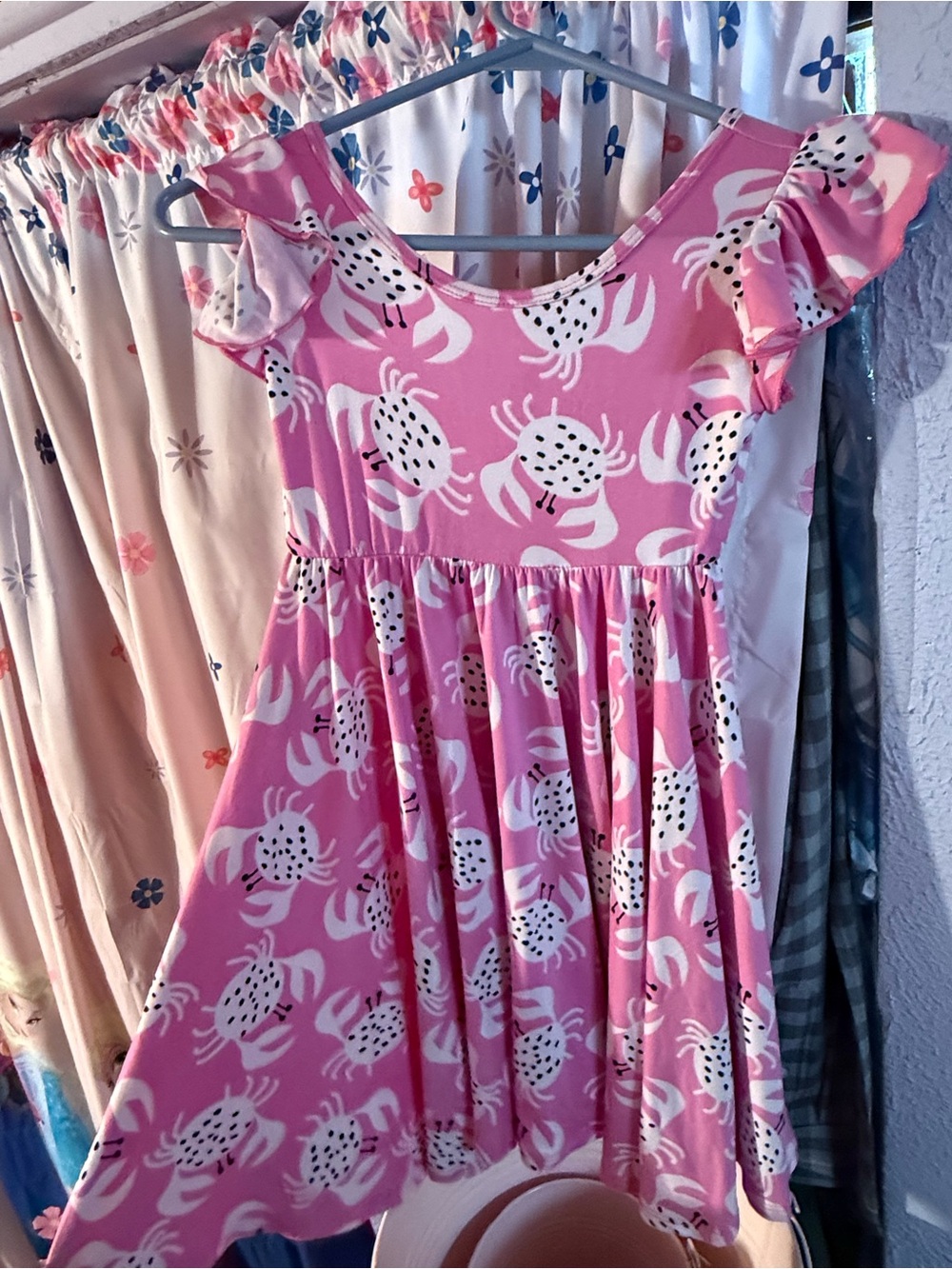 Dot Dot Smile Pink Crab Print Ruffle Sleeve Dress
